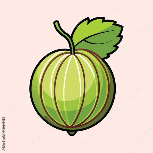 A single ripe green gooseberry with leaf illustration cartoon style