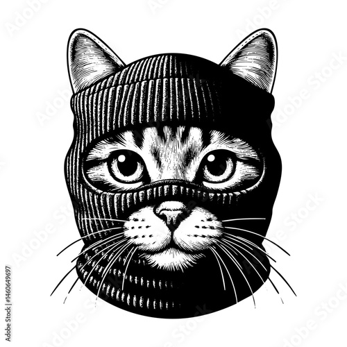 cat wear balaclava sketch engraving black and white outline. Scratch board imitation.