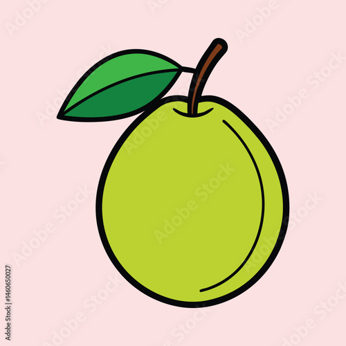 A Vibrant Illustration of a Single Guava Fruit with a Green Leaf