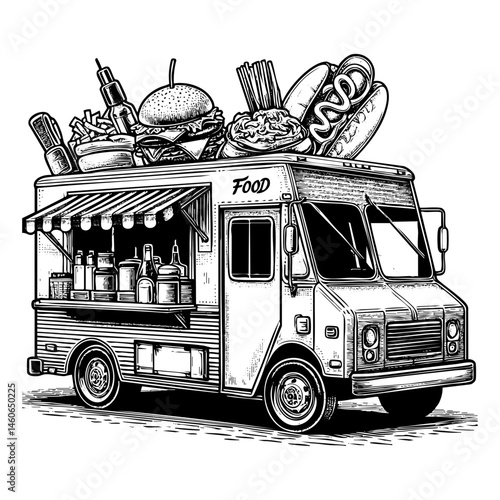 Food truck sketch engraving black and white outline. Scratch board imitation.  illustrated in vintage line art style on a white background.