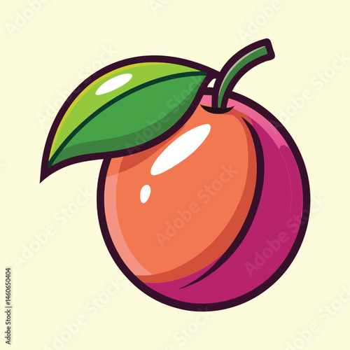 A vibrant cartoon illustration of a ripe plum with a single green leaf