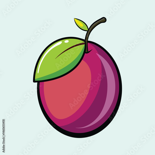 A Vibrant Cartoon Plum Illustration with a Single Leaf