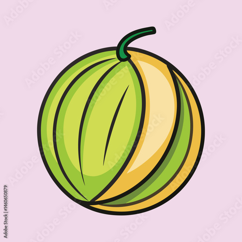 A vibrant illustration of a honeydew melon showcasing its unique green and yellow rind segments