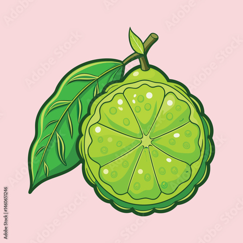 A vibrant illustration of a kaffir lime fruit with its segmented flesh and lush green leaves