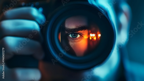 Photographer's Face Behind Camera: A photographer’s face, partially hidden by a camera, with intense concentration and a blurred background. 
