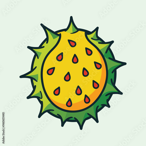 Vibrant illustration of a prickly yellow fruit with red seeds