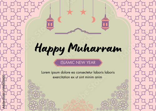 Happy Muharram Islamic New Year greeting card with Islamic ornament, pattern, lantern and mandala illustration on pink green pastel background