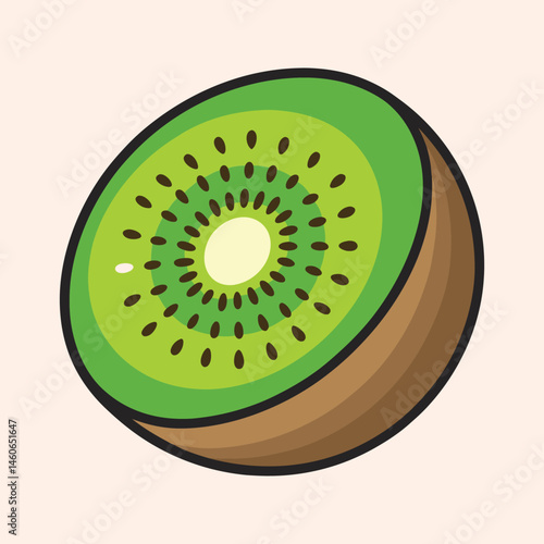 A vibrant illustration of a juicy kiwi fruit slice showing its bright green flesh and tiny black seeds in a cartoon style