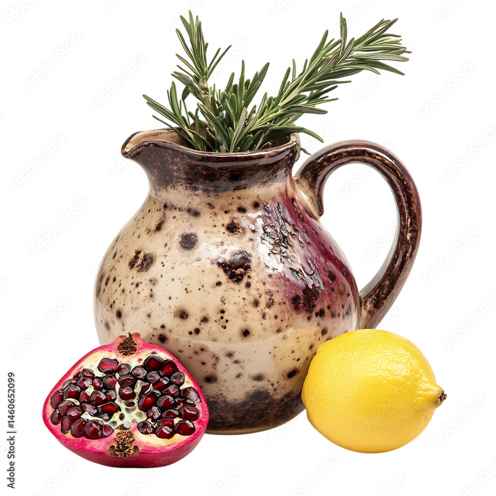 Pomegranate Rosemary Lemon Zest Pitcher Isolated on Transparent Background Pomegranate Rosemary Lemon Zest Pitcher Isolated on Transparent Background