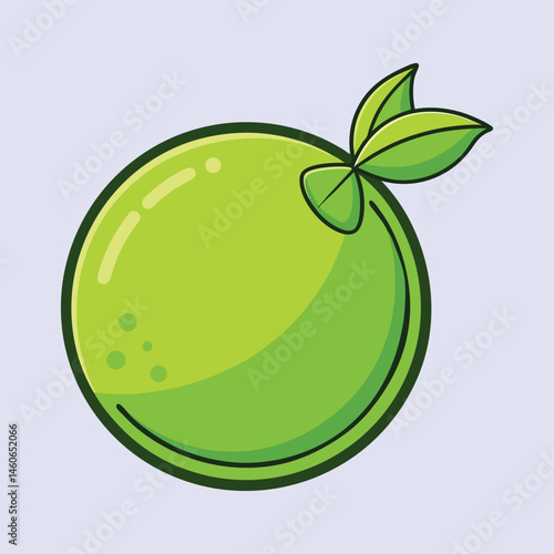 Stylized green lime fruit illustration, fresh citrus lime with leaves vector icon, minimalist organic lime fruit graphic for food branding