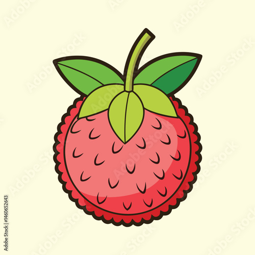 Illustration of a single ripe lychee fruit with green leaves