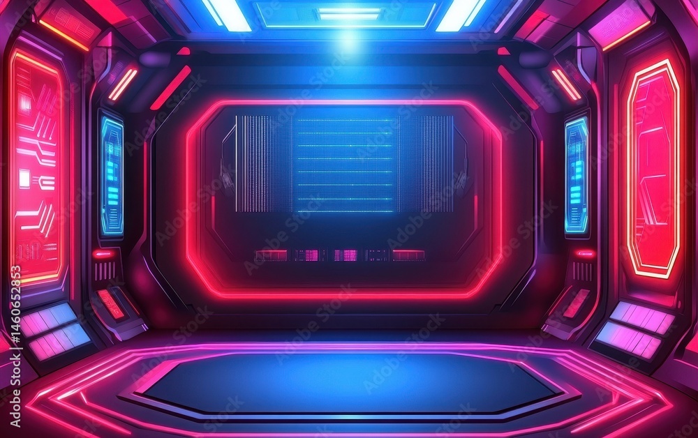 Obraz premium Futuristic corridor with vibrant neon lighting, detailed panels, and glowing tech displays