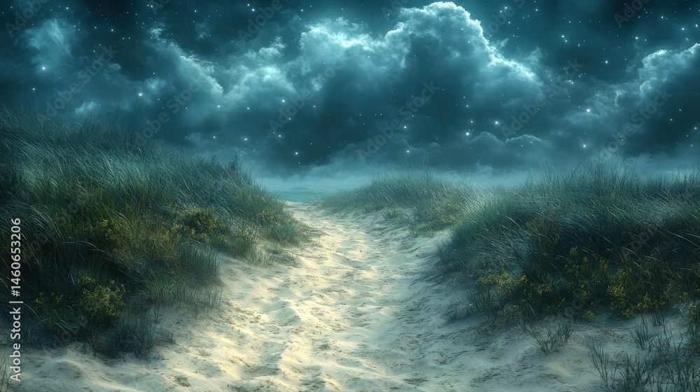 Path through grass under night sky. Soft clouds and tiny stars gleam above Path through grass under night sky. Soft clouds and tiny stars gleam above
