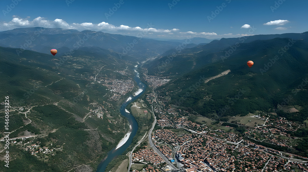 balloons rising above a scenic valley with rivers and villages below balloons rising above a scenic valley with rivers and villages below