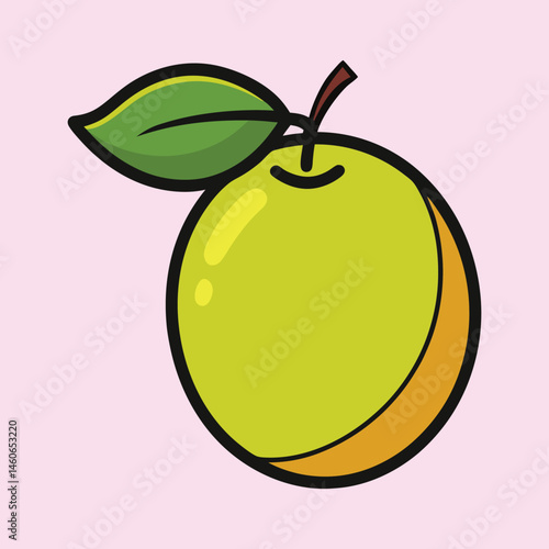 A vibrant illustration of a single ripe green plum with a single leaf attached to the stem,  presented against a soft pink background, a cheerful and simple image perfect for various uses