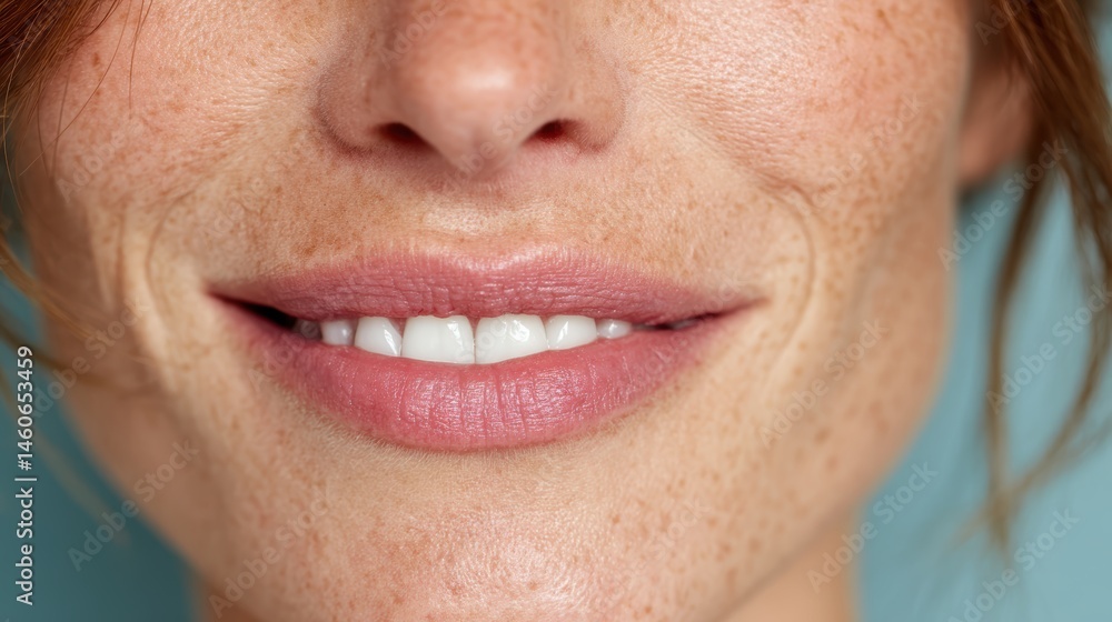 Fototapeta premium Close-up of woman is face with a smile showing white teeth, calm and soft expression with a plain blue background.