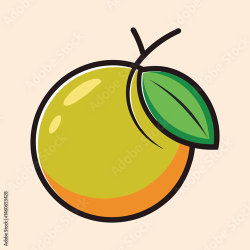 Stylized orange fruit vector illustration, fresh citrus icon with green leaf, minimalist organic food graphic for juice packaging and branding