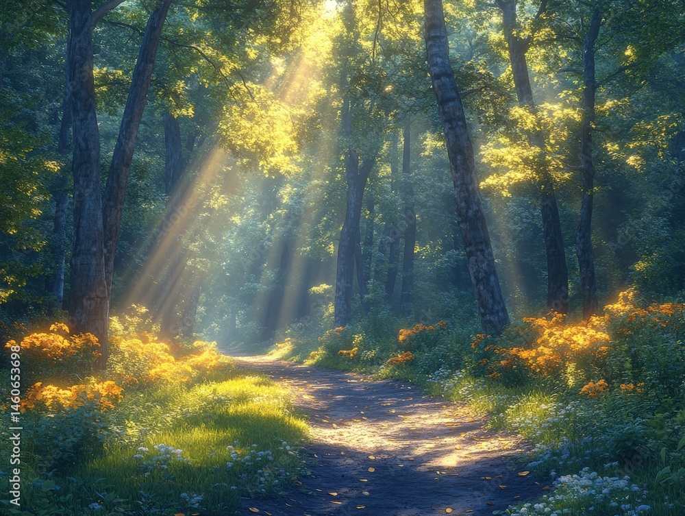Fototapeta premium Path through sun-drenched forest with vibrant flowers and tall trees