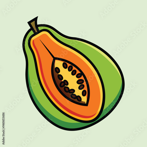 A vibrant illustration of a ripe papaya fruit cut in half showcasing its orange flesh and numerous black seeds inside a green outer skin