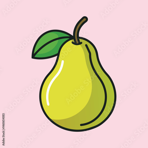 A Delicious Yellow Pear with Green Leaf Illustration Cartoon Style