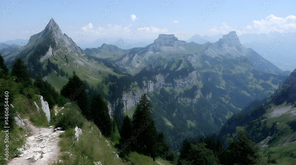 Obraz premium ridge trail with panoramic mountain views under blue sky