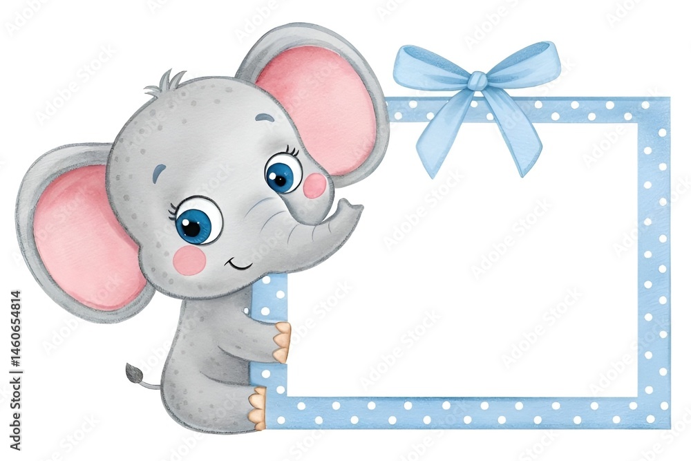 Obraz premium Cute Gray Elephant with Blue Eyes Holding Frame – Pastel Nursery Art for Kids Invitations 