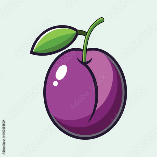 A vibrant illustration of a single plump purple plum with a single green leaf attached to the stem