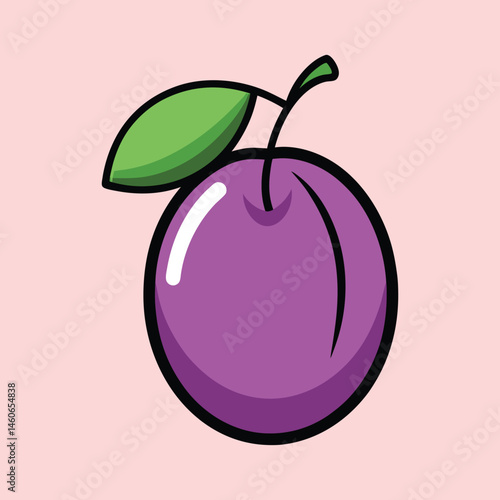 A Single Ripe Purple Plum with a Green Leaf Illustration