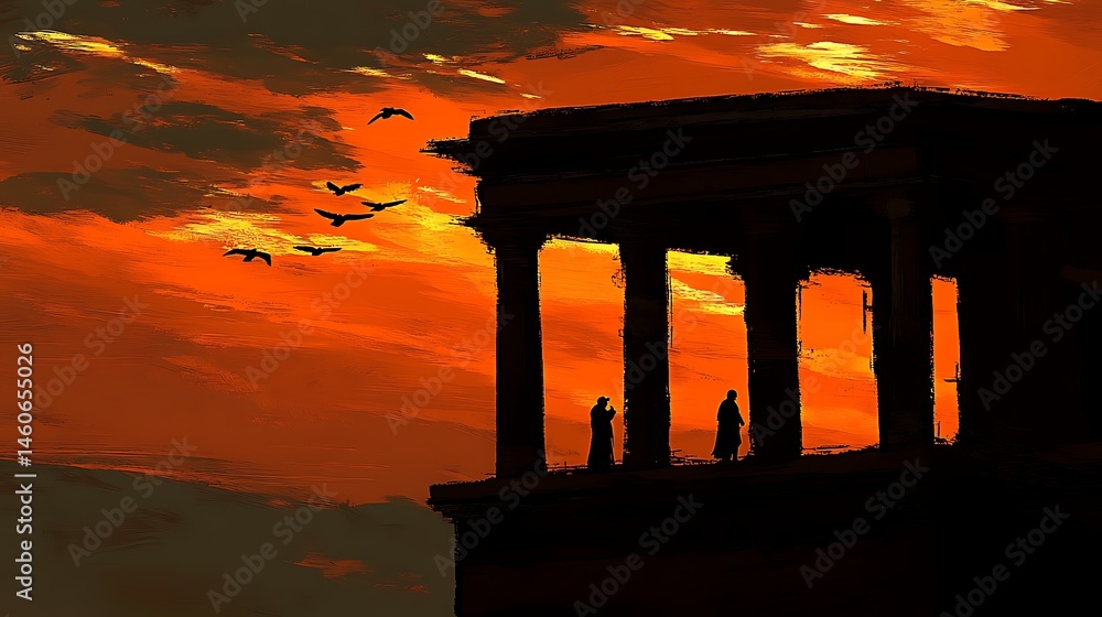 Fototapeta premium Silhouette ancient structure sunset