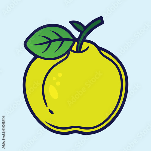 A Vibrant Illustration of a Single Ripe Quince Fruit with a Green Leaf
