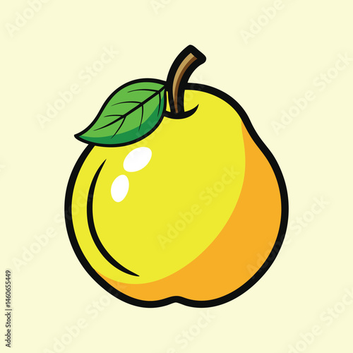 A Vibrant Illustration of a Ripe Yellow Quince Fruit with a Single Leaf
