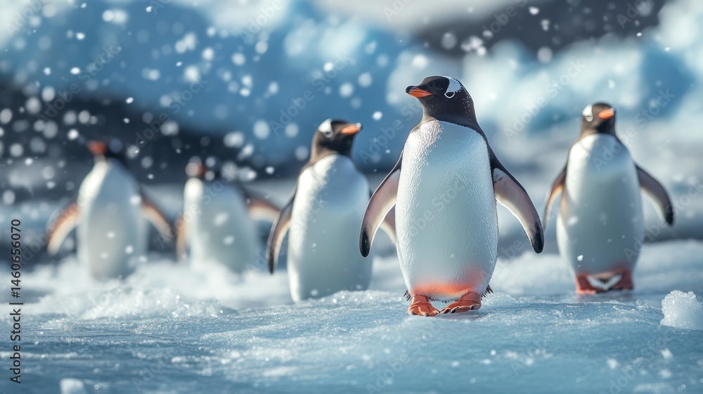 Fototapeta premium Gentoo penguins amble across the glistening ice during a gentle snowfall