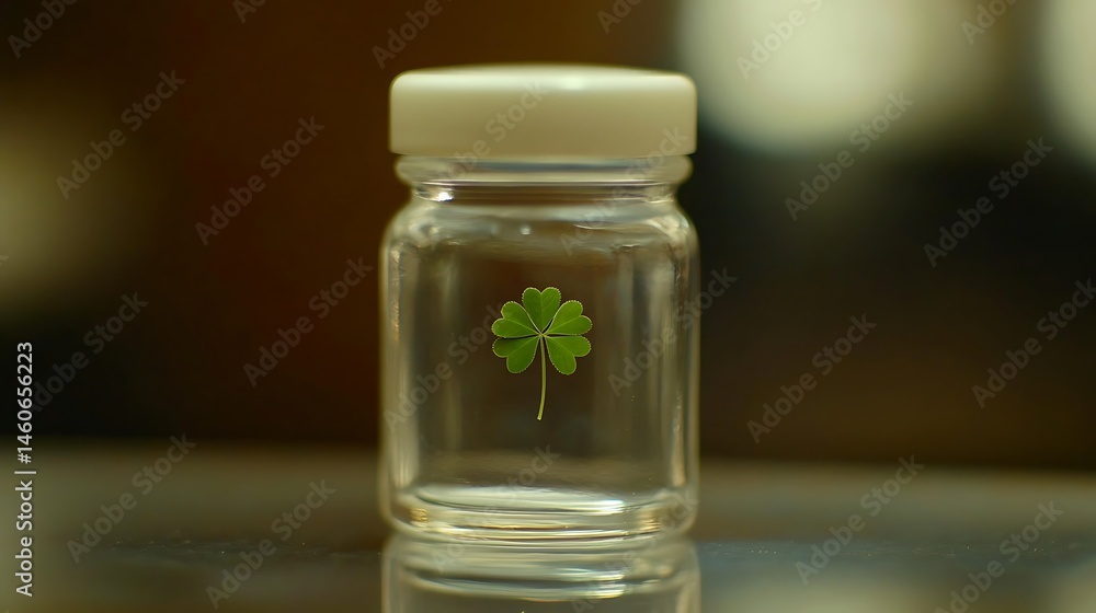 A single four-leaf clover preserved in a clear glass jar, showcasing fortune A single four-leaf clover preserved in a clear glass jar, showcasing fortune