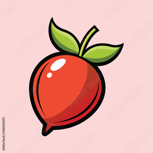 A vibrant illustration of a single red fruit with green leaves a stylized cartoon drawing of a juicy apple or cherry