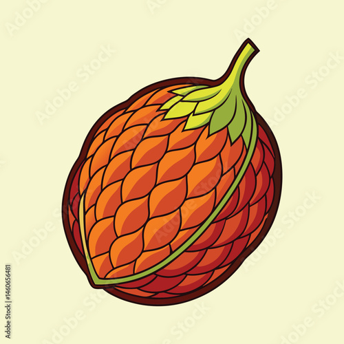 Vibrant Illustration of a Unique Tropical Fruit with Scaly Orange Rind and Green Stem