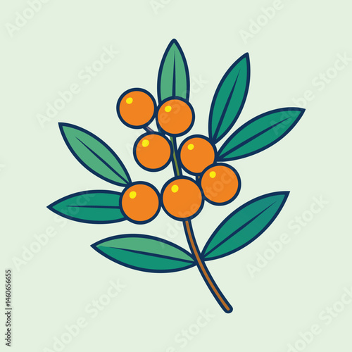 Vibrant Illustration of a Branch with Ripe Orange Berries and Lush Green Leaves