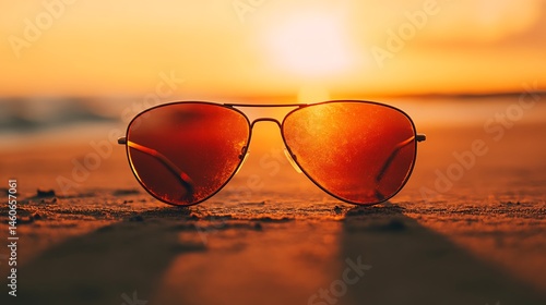 Wallpaper Mural A close-up shot of aviator sunglasses on a sandy beach at sunset ambiance Torontodigital.ca