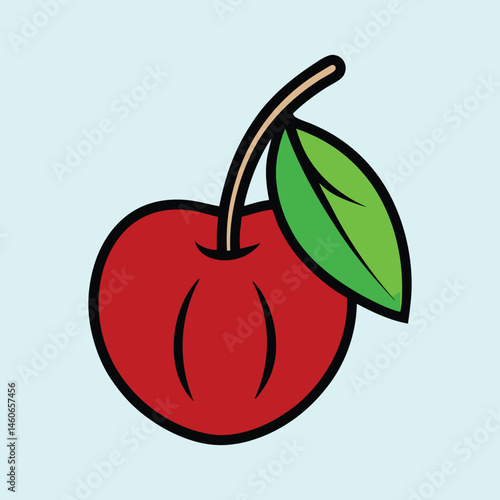 A Single Red Cherry with a Green Leaf Illustration