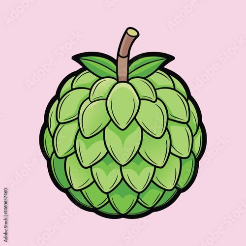 A Vibrant Illustration of a Cherimoya Fruit with Detailed Green Scales and a Brown Stem