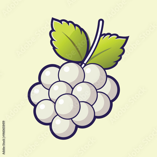 Cartoon Illustration of a Bunch of White Berries with Green Leaves