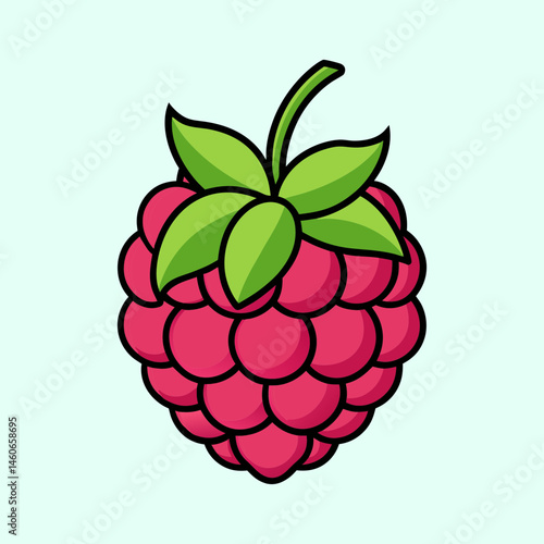 A Delicious Illustration of a Single Raspberry Fruit with Green Leaves
