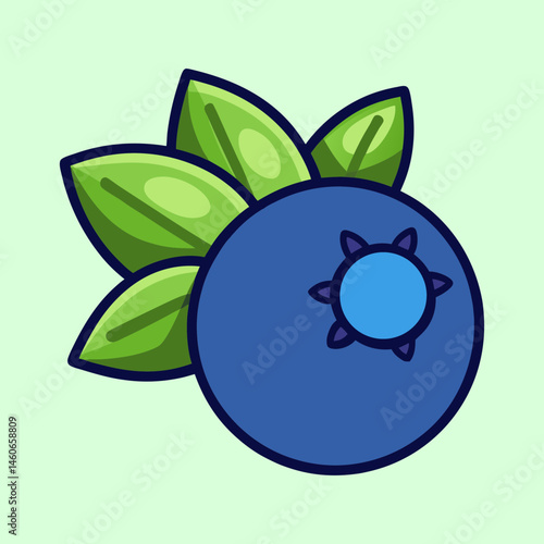 A Single Juicy Blueberry with Fresh Green Leaves Cartoon Illustration