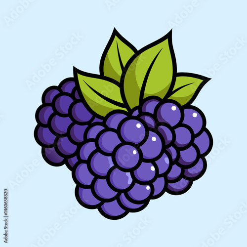 Blackberry vector illustration with green leaves, fresh purple bramble fruit icon, organic berry cluster in cartoon style
