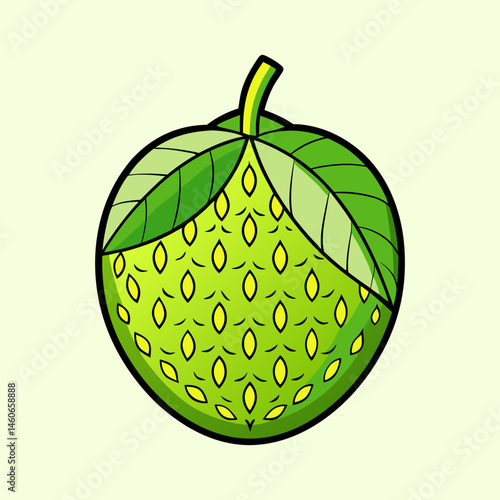 Breadfruit tropical fruit vector illustration, exotic green breadfruit with leaves, whole organic breadfruit svg icon for food packaging