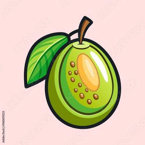 A vibrant illustration of a halved guava fruit showcasing its juicy interior and seeds with a single leaf attached