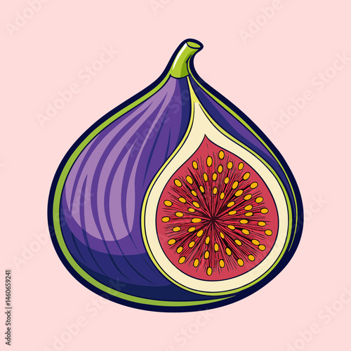 A Vibrant Illustration of a Halved Fig Fruit with Detailed Interior Seeds and Purple Skin