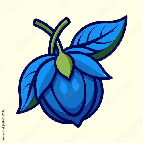 Vibrant Blue Fruit with Lush Green Stem and Leaves A Striking Illustration of a Unique Berry