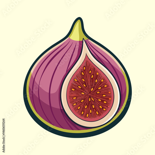 A vibrant illustration of a halved fig fruit showcasing its rich purple exterior and the intricate red interior with tiny seeds