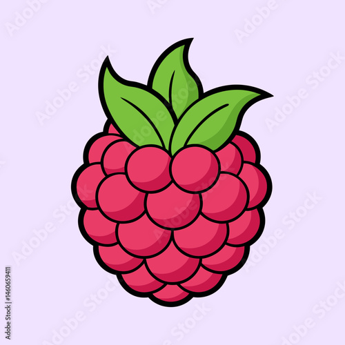 A delightful illustration of a single raspberry with vibrant red drupelets and lush green leaves