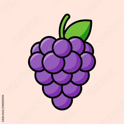 Cartoon Illustration of a Bunch of Purple Grapes with Green Leaf